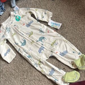 🤩Child of Mine Cream and Blue Dinosaur Footie